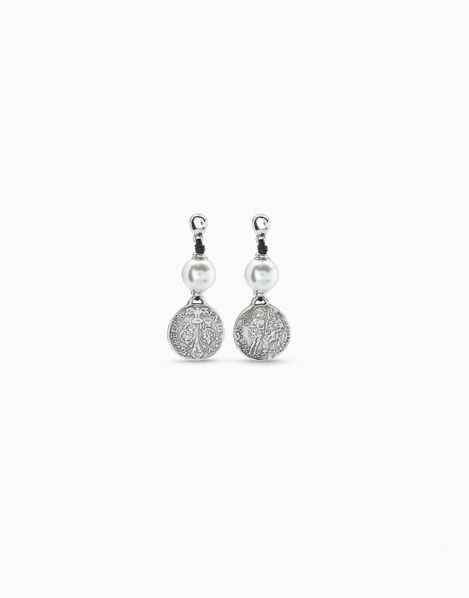 Boucles d’oreilles plaquées argent en cuir avec perle, Argent, large image number null