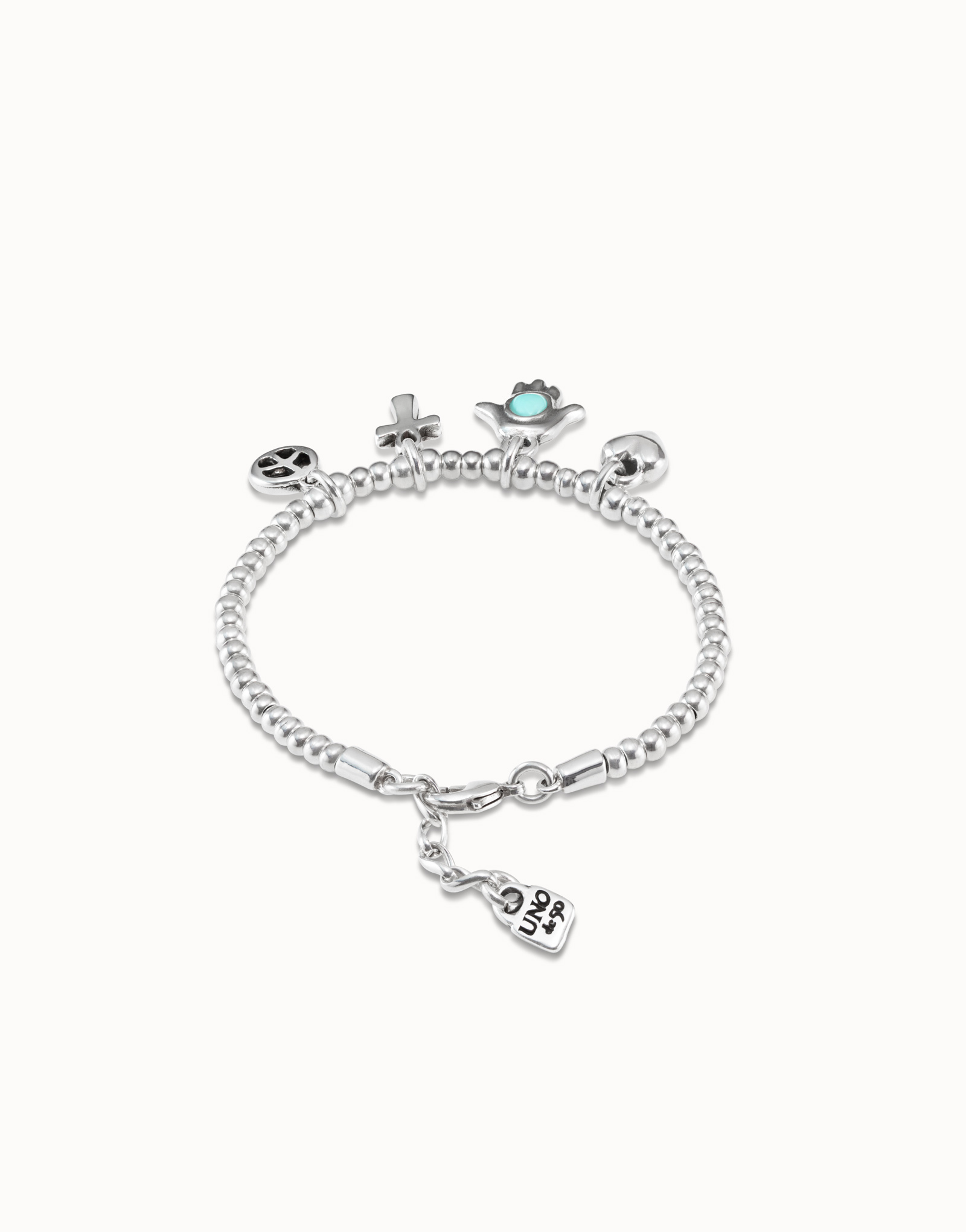 Sterling silver-plated bracelet with bead chain, 4 charms and carabiner clasp, , large image number null