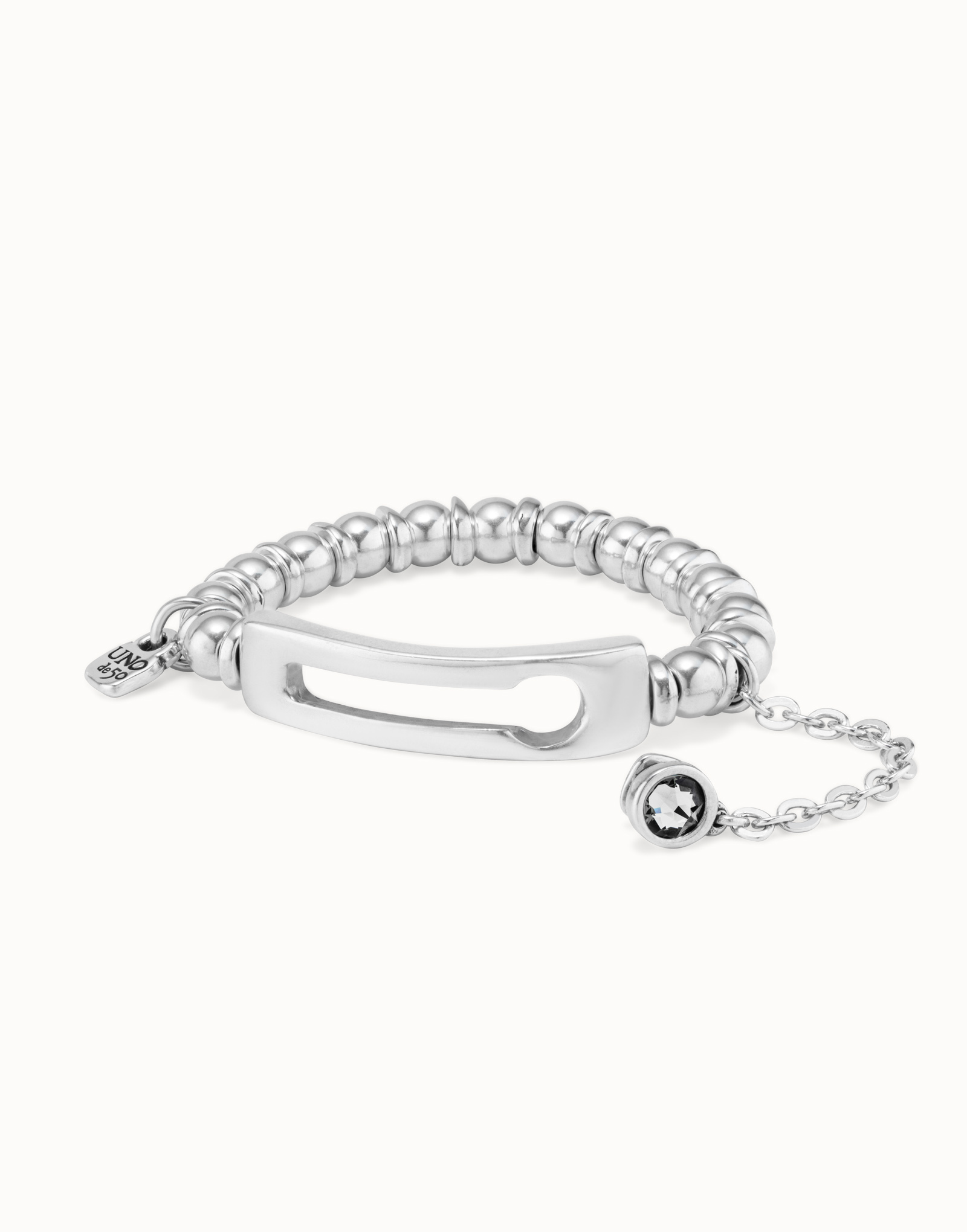 Elastic sterling silver-plated bracelet with beads and a central link with crystal, Silver, large image number null