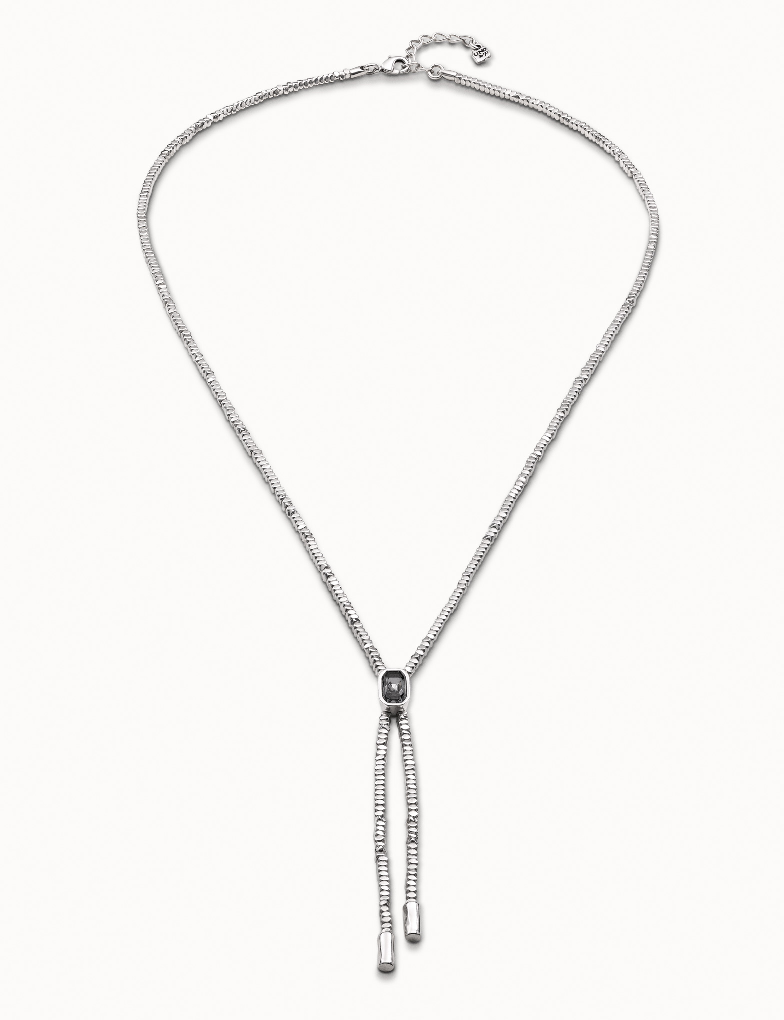 Collar de latigo largo bañado en plata de ley con carres pequeños y cristal gris, Plateado, large image number null