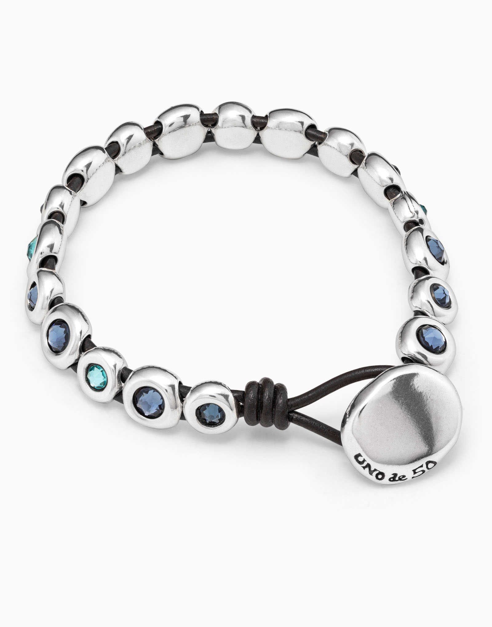 Brown leather sterling silver-plated bracelet with blue crystals, , large image number null