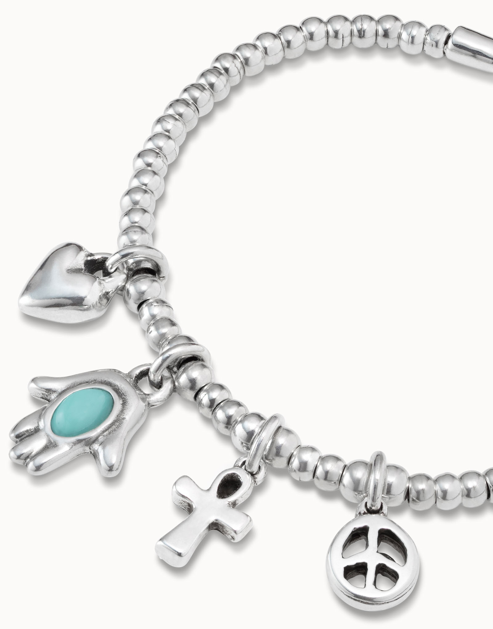 Bracelet plaqué argent avec chaîne à billes, 4 charmes et fermoir mousqueton, , large image number null