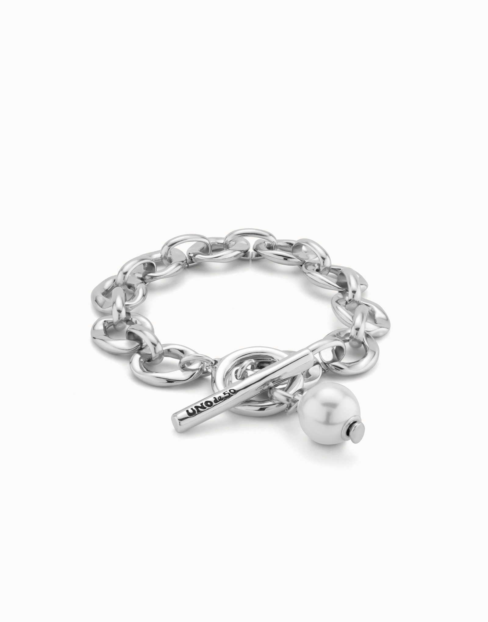 Sterling silver-plated bracelet with links and pearl charm, Silver, large image number null