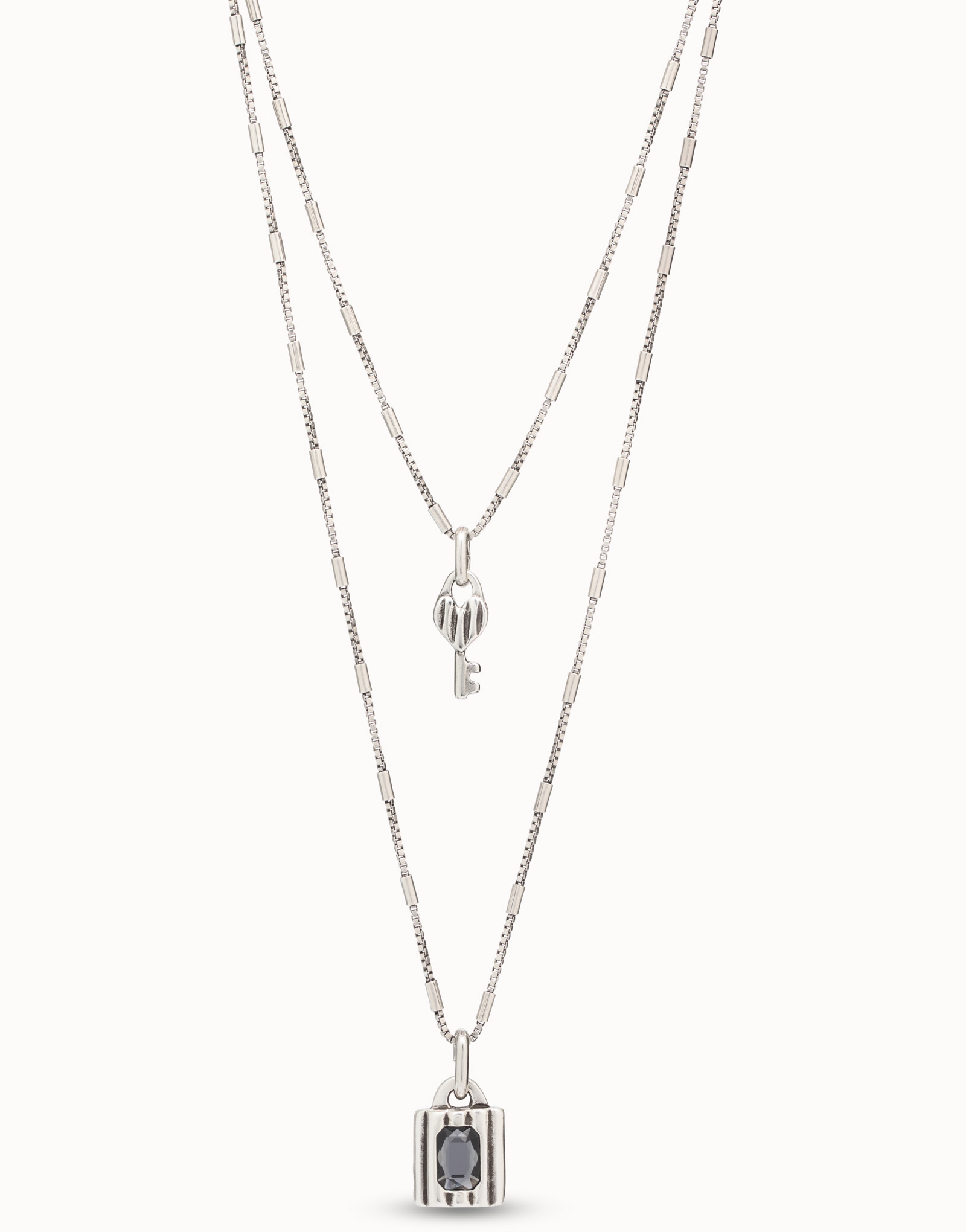 Colgante de plata con 2 cadenas y charms de llave y candado, Plateado, large image number null