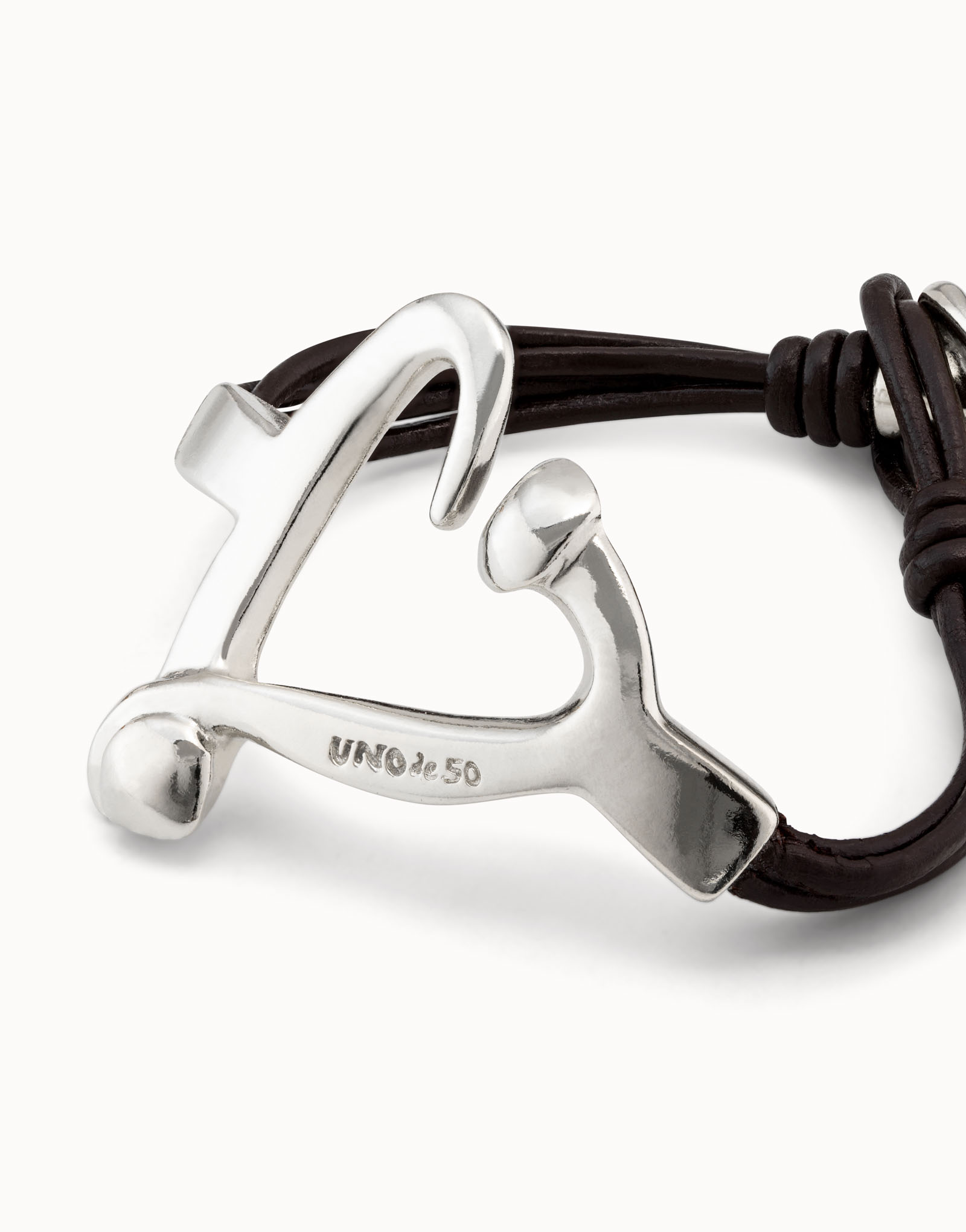 Sterling silver-plated bracelet with leather straps and nailed heart shape, Silver, large image number null