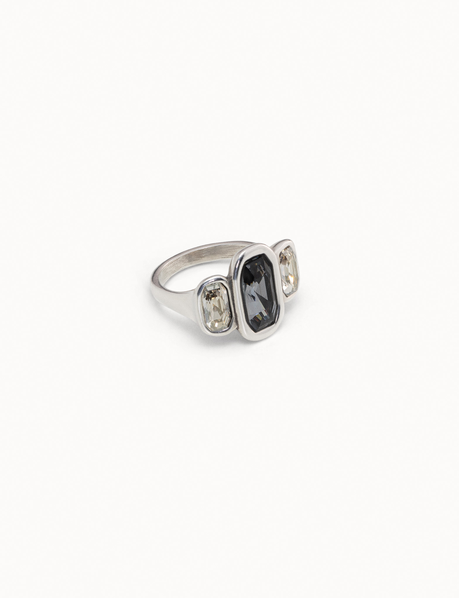 Sterling silver-plated ring with 1 gray crystal and 2 white crystals, Silver, large image number null