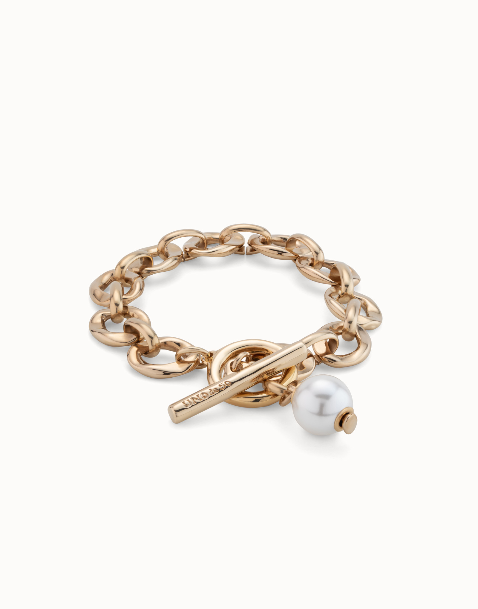 18K gold-plated bracelet with links and pearl charm, Golden, large image number null