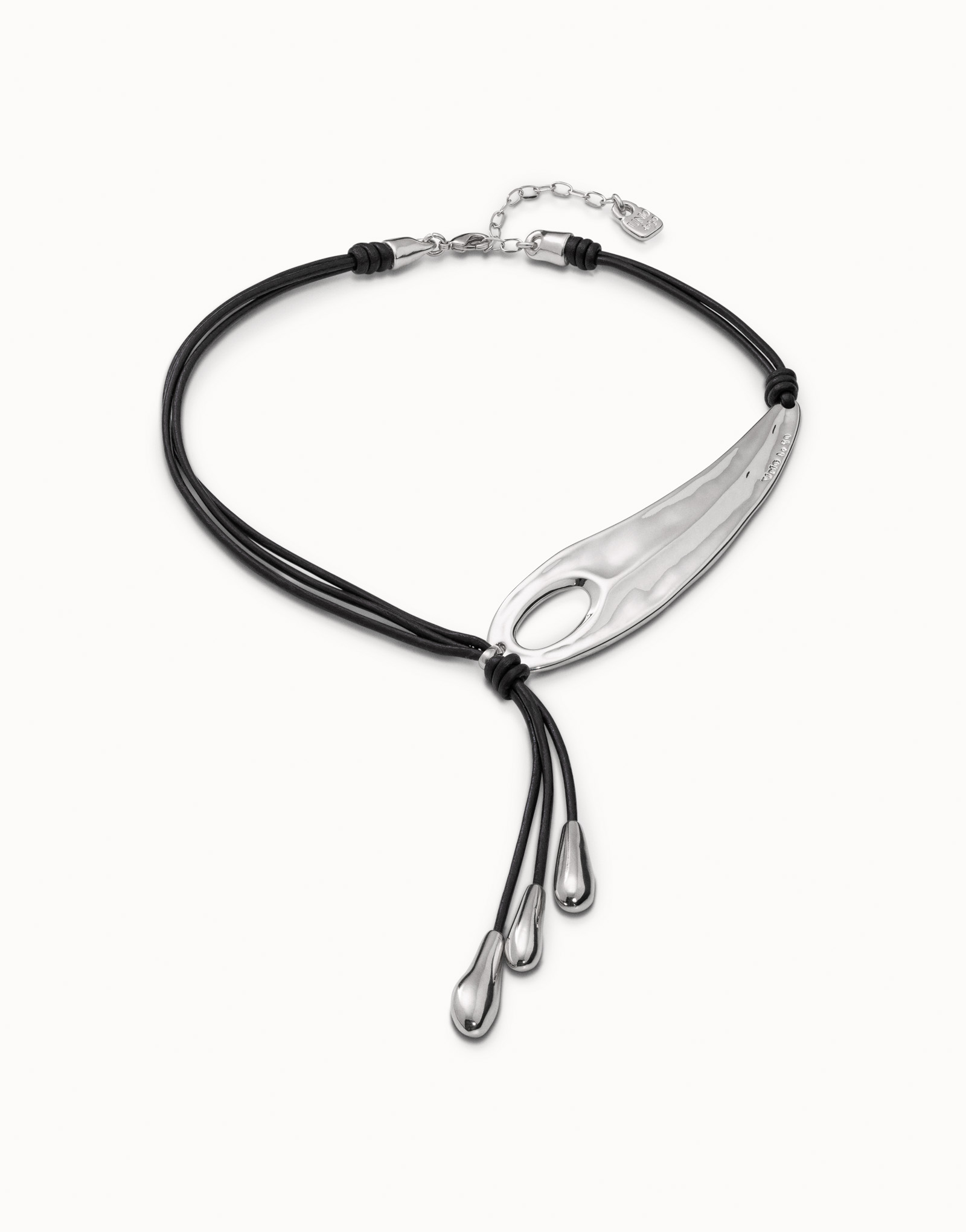 Sterling silver-plated long leather whip necklace with 2 tubules and 4 fringes with drops, Silver, large image number null