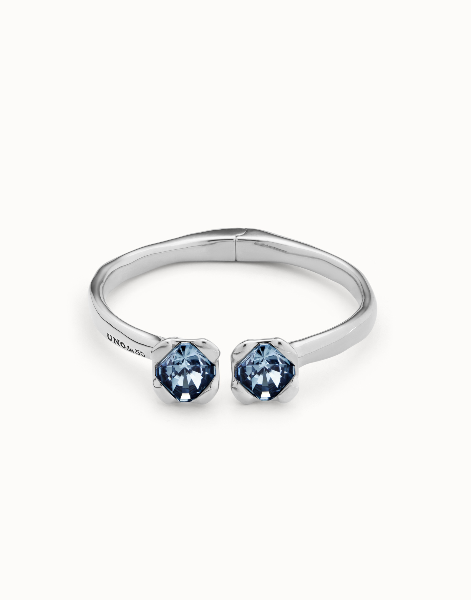 Sterling silver-plated rigid bracelet with inner spring and two blue crystals, Silver, large image number null