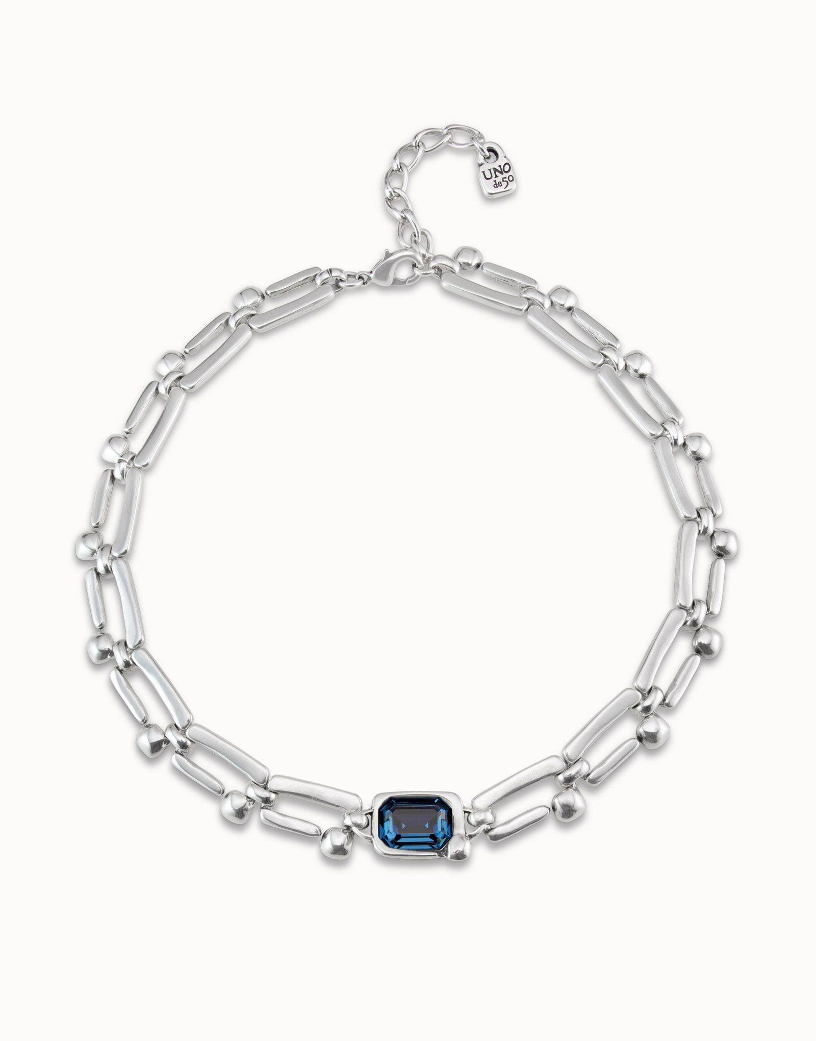Sterling silver-plated short necklace with rectangular nail shaped links and blue crystal, Silver, large image number null