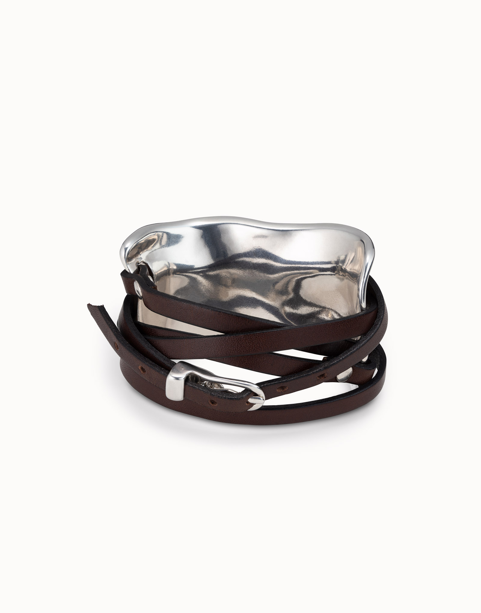 Sterling silver-plated bracelet with leather straps, Silver, large image number null
