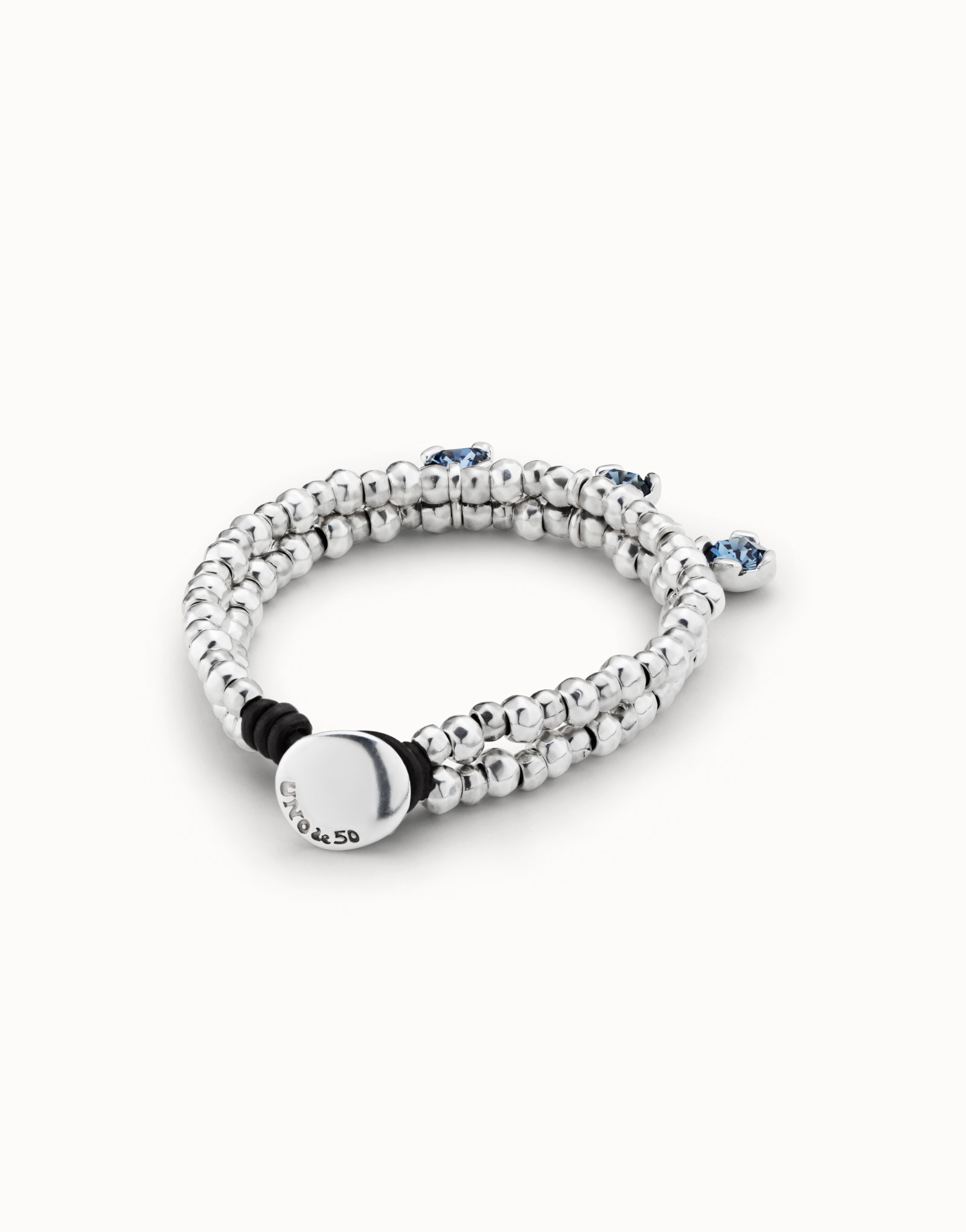 Sterling silver-plated bracelet with double strip of beads and 3 blue crystals, Silver, large image number null