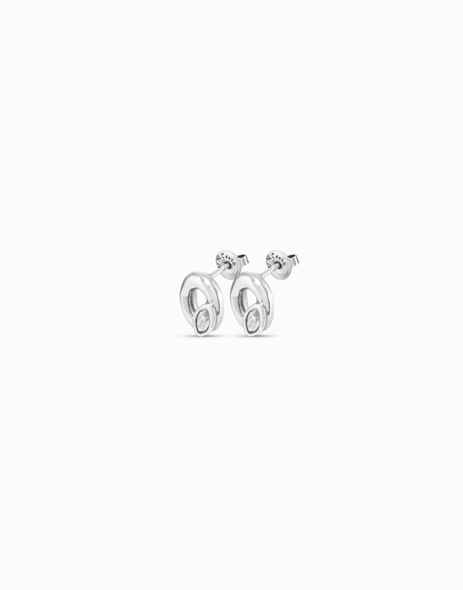 Sterling silver-plated stud oval shaped earrings with light gray crystal, Silver, large image number null