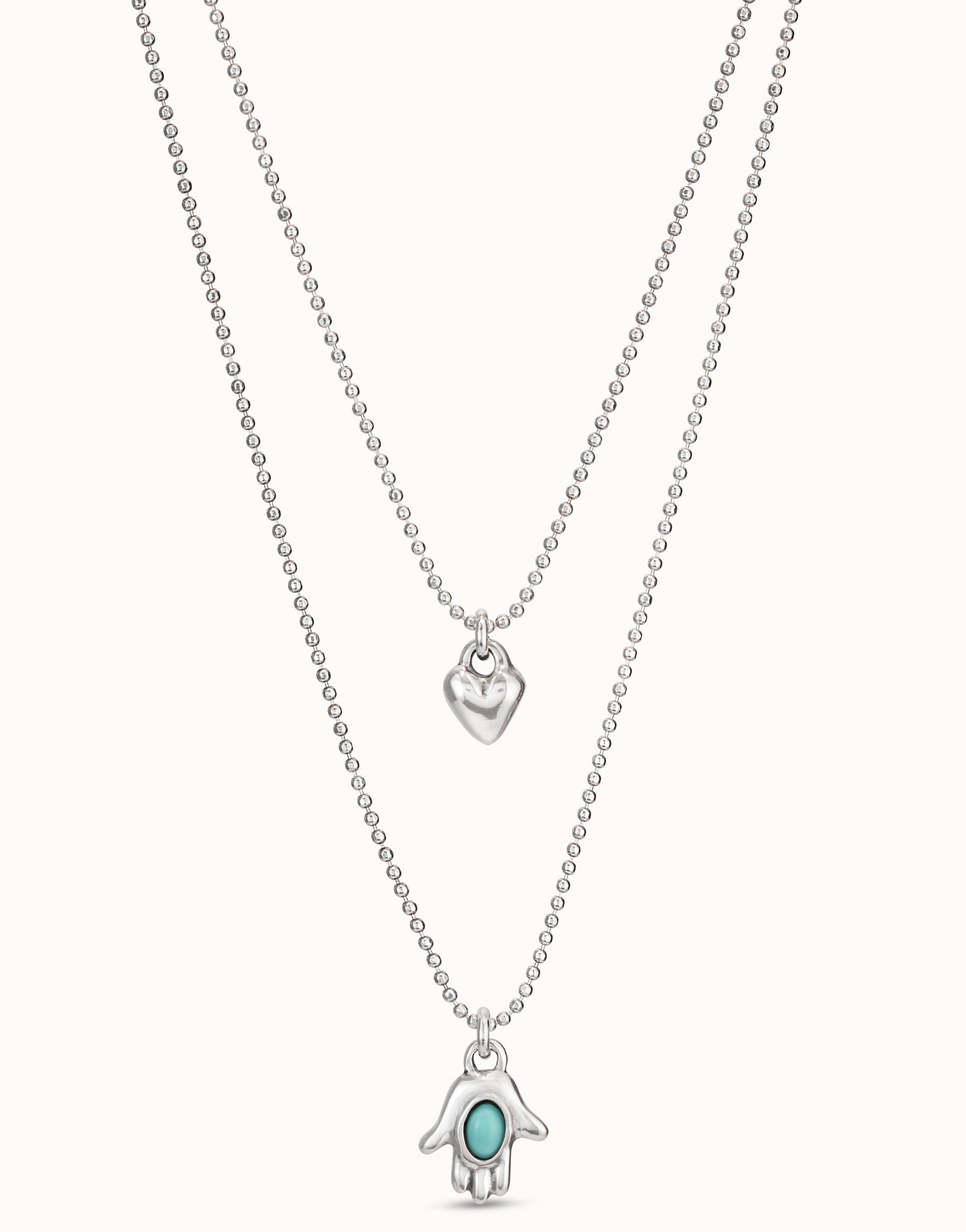 Sterling silver-plated necklace with two chains of different length with heart and hand charms with murano glass, Silver, large image number null
