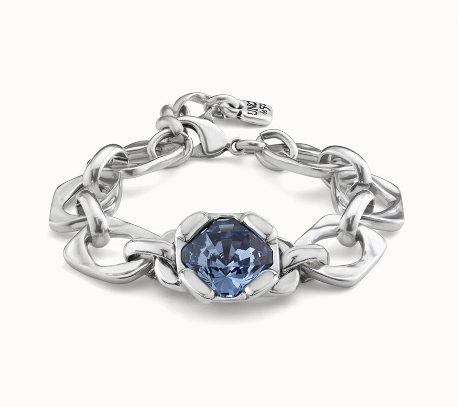 Pulsera ba&ntilde;ada en plata de ley con eslabones y cristal azul