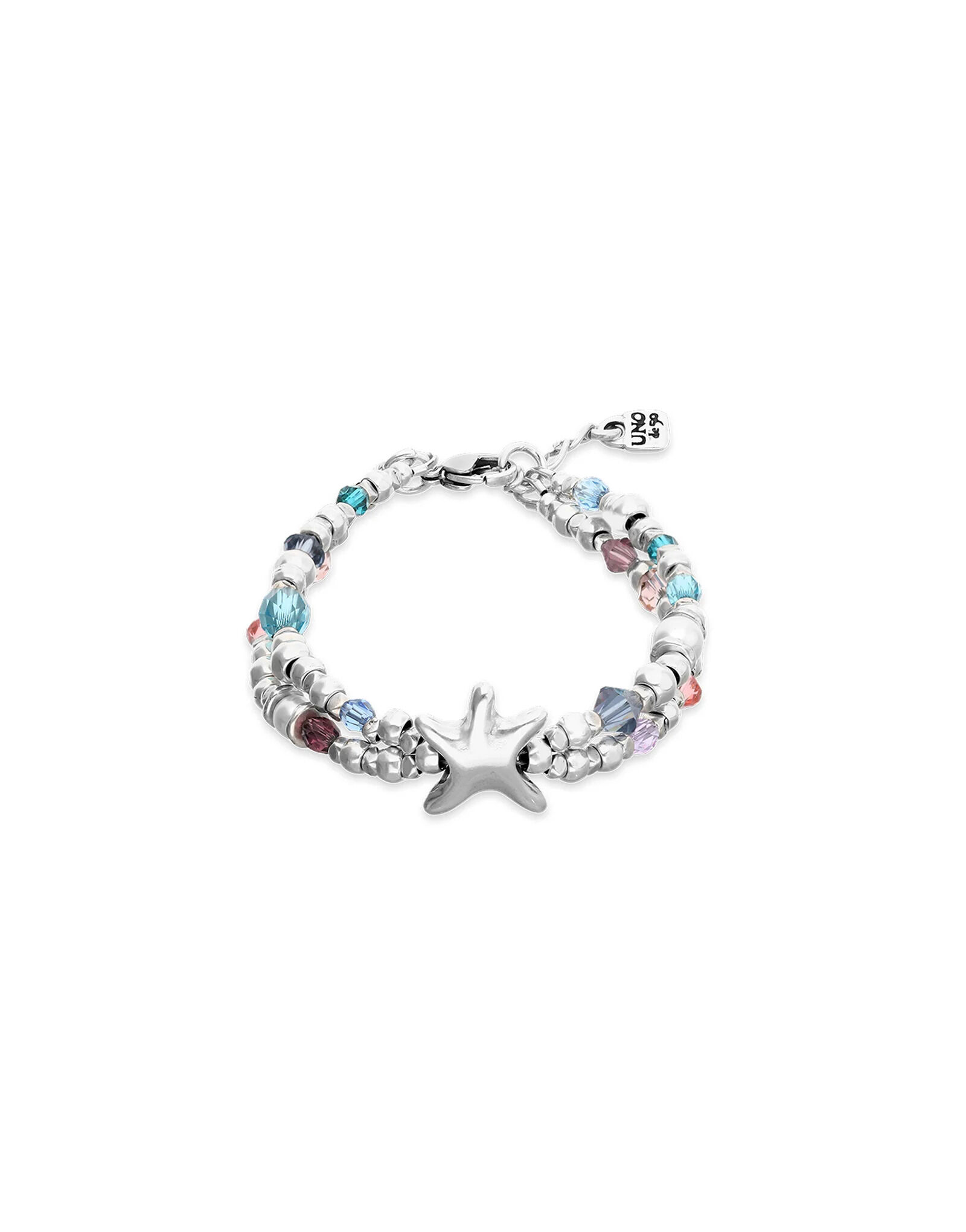 Pulsera el&aacute;stica ba&ntilde;ada en plata con cristales facetados y estrella de mar