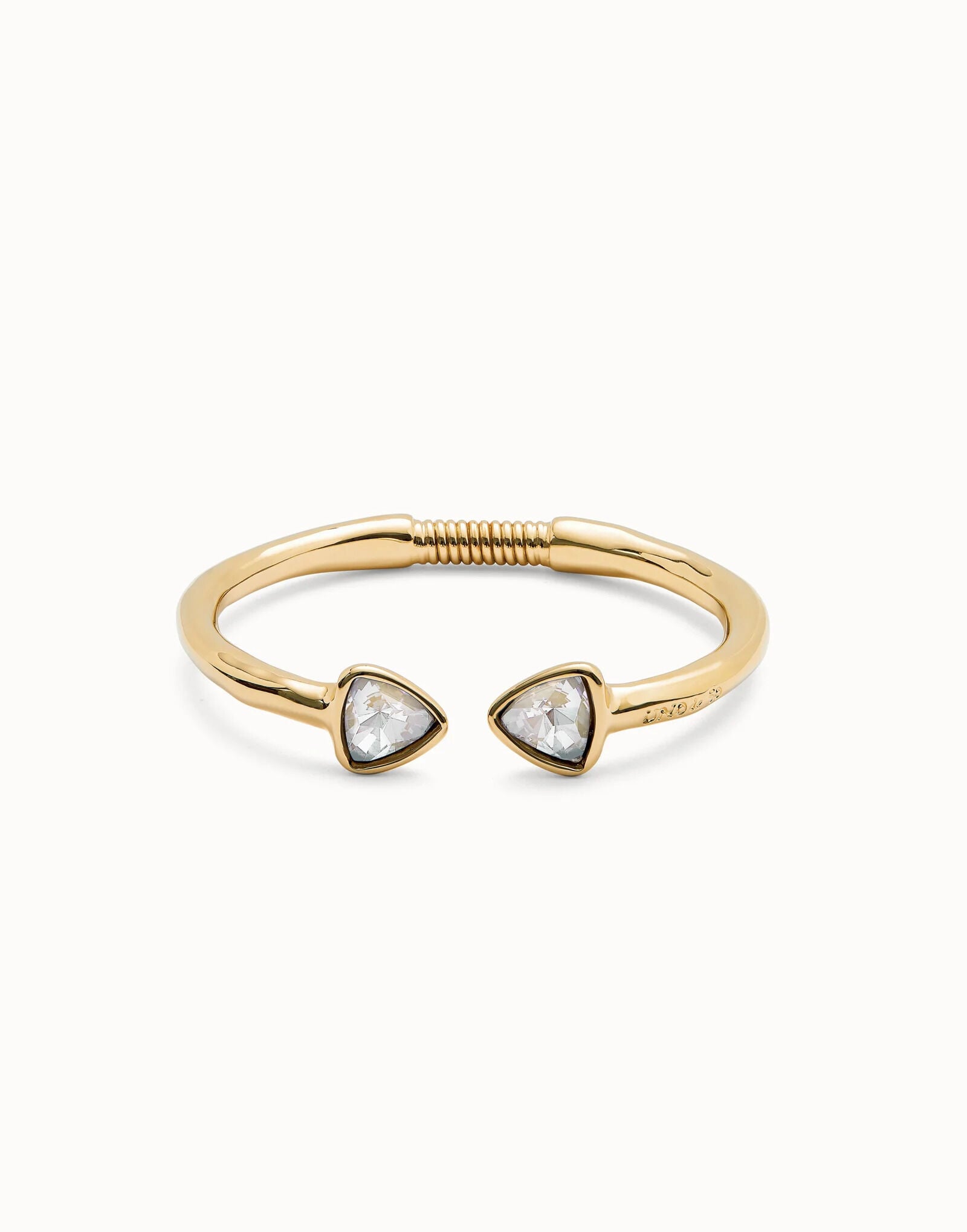 Pulsera r&iacute;gida fina ba&ntilde;ada en oro 18k con dos cristales facetados multicolor