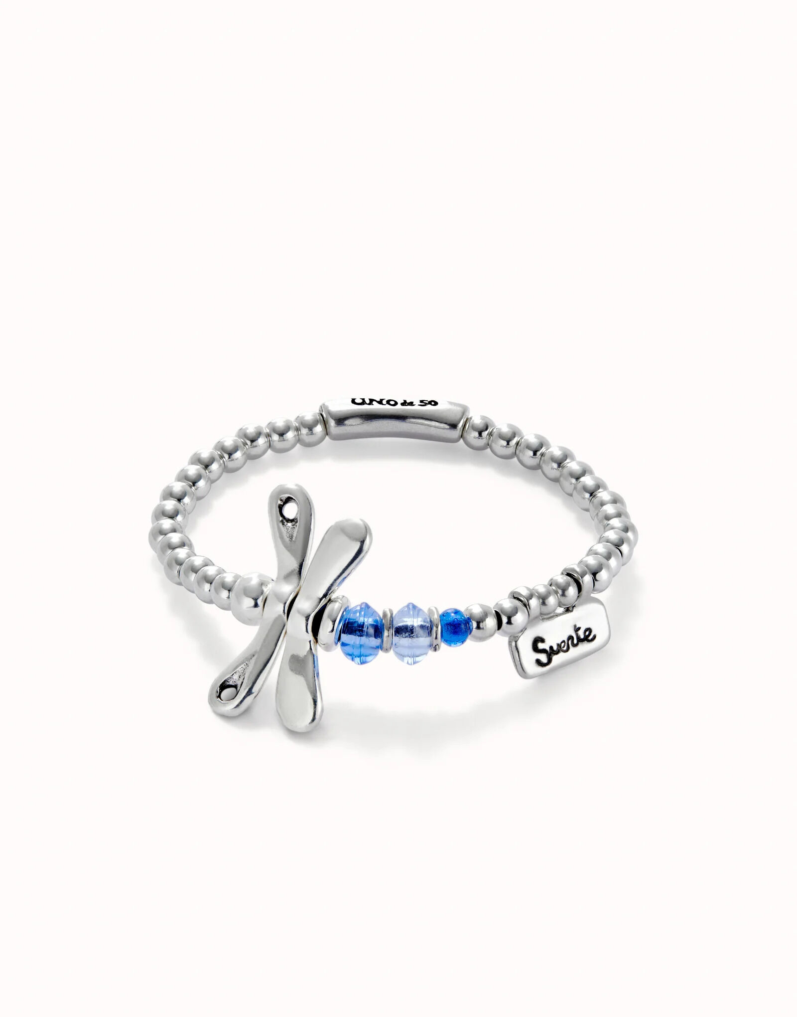 Beaded stretch bracelet with a dragonfly and blue crystal