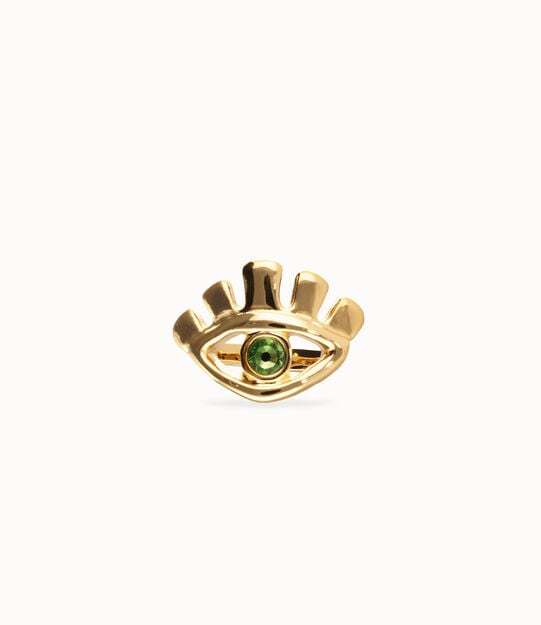 Anillo bañado en oro 18k en forma de ojo con cristal facetado verde