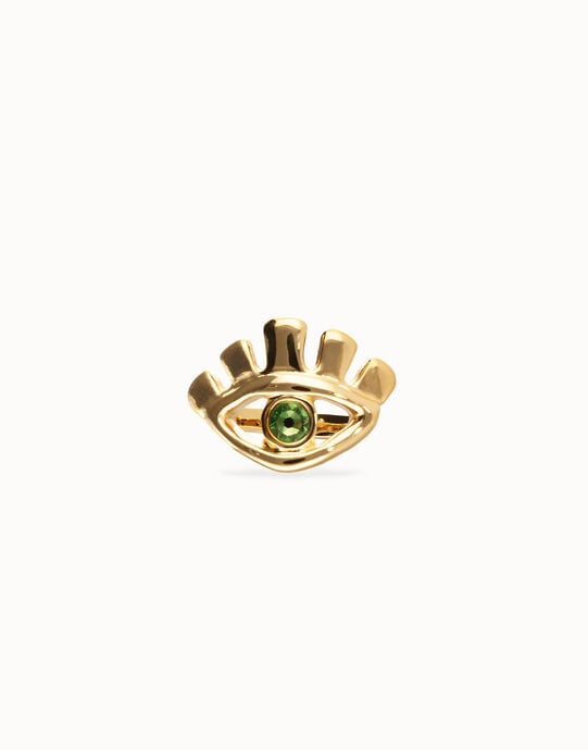 Anillo ba&ntilde;ado en oro 18k en forma de ojo con cristal facetado verde