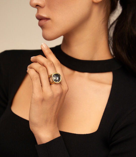 18K gold-plated ring with gray crystal, Golden, large