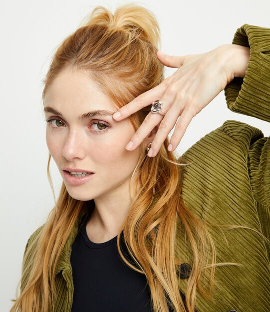 Ring with pink oval faceted crystal, Silver, large