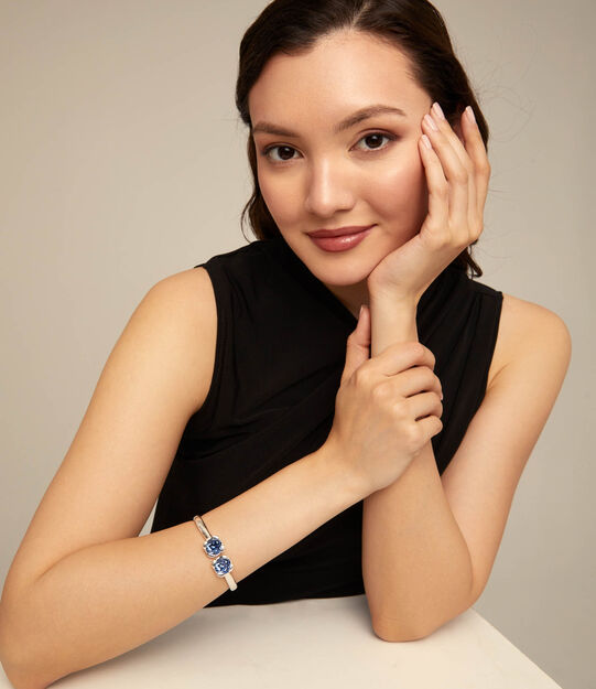 Bangle bracelet with two blue crystals, Silver, large