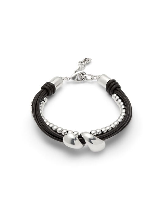 Pulsera combinada en cuero y cuentas ba&ntilde;adas en plata con dos gotas