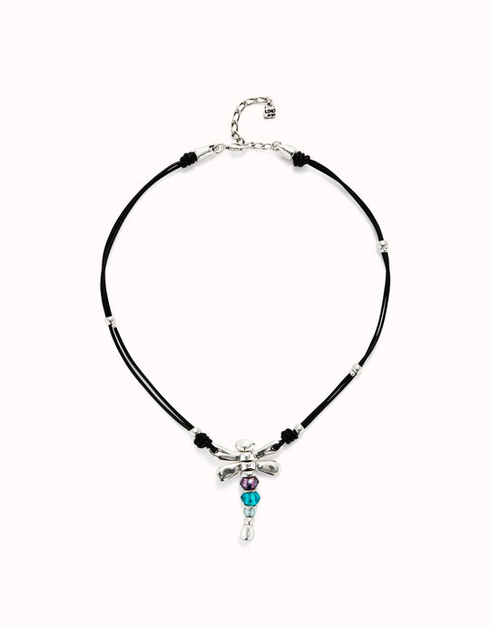 Collier en cuir et libellule plaqu&eacute;e argent avec cristaux