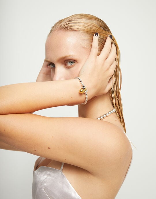 Pulsera de esferas en combinaci&oacute;n de ba&ntilde;o oro y plata, Dorado, large