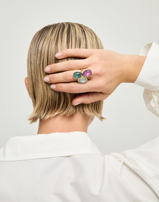 Ring with three multicoloured drop-shaped faceted crystals, Golden, large