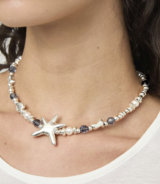 Necklace with crystals and big starfish, Silver, large