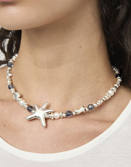 Collana corto placcato in argento con cristalli e stella marina grande, Argent, large