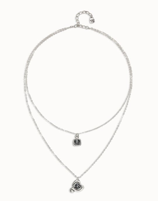 Colgante ba&ntilde;ado en plata de ley con doble cadena y corazones con cristal negro, Plateado, large