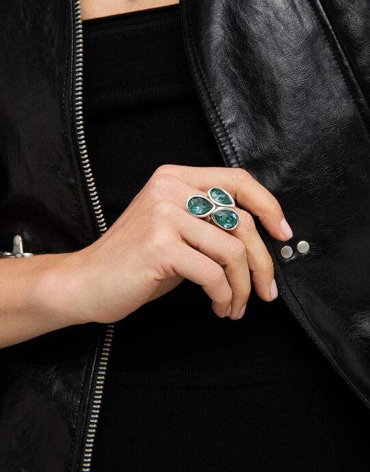 Ring with three green drop-shaped faceted crystals, Silver, large