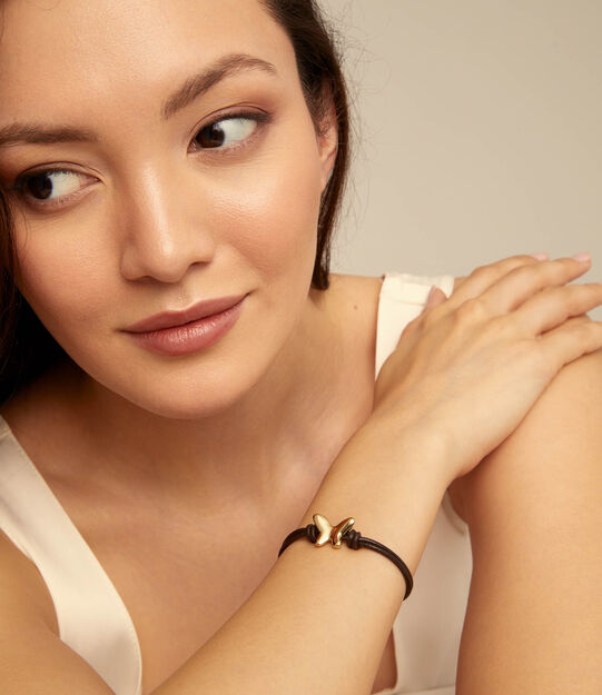 Double strand leather bracelet with a butterfly, Golden, large