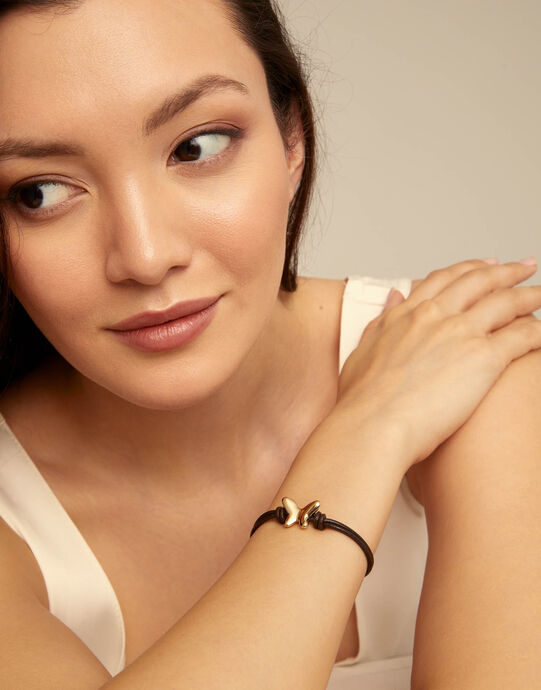 Pulsera con tiras de cuero ba&ntilde;ada en oro 18K, Dorado, large