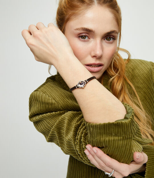 Leather bracelet with pink oval faceted crystal, Silver, large