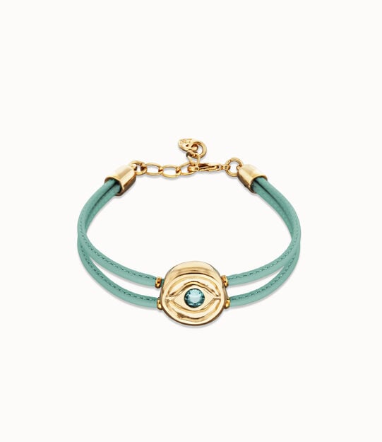 Pulsera doble de cuero turquesa con ojo bañado en oro 18k