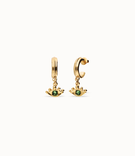 Pendientes de aro bañados en oro 18k con forma de ojo y cristal facetado verde