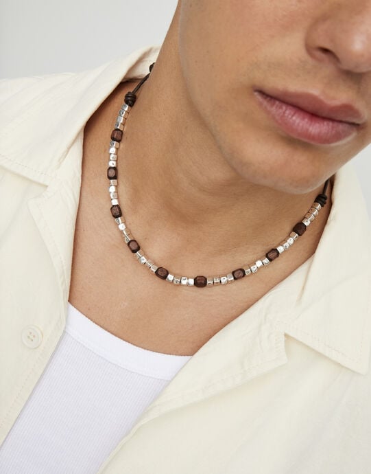 Collar de cuero con cuentas en plata y madera, Plateado, large