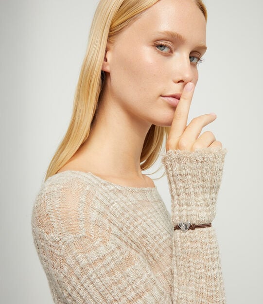 Bracelet en fil elastique marron avec c&oelig;ur plaqu&eacute; argent sterling, Argent, large