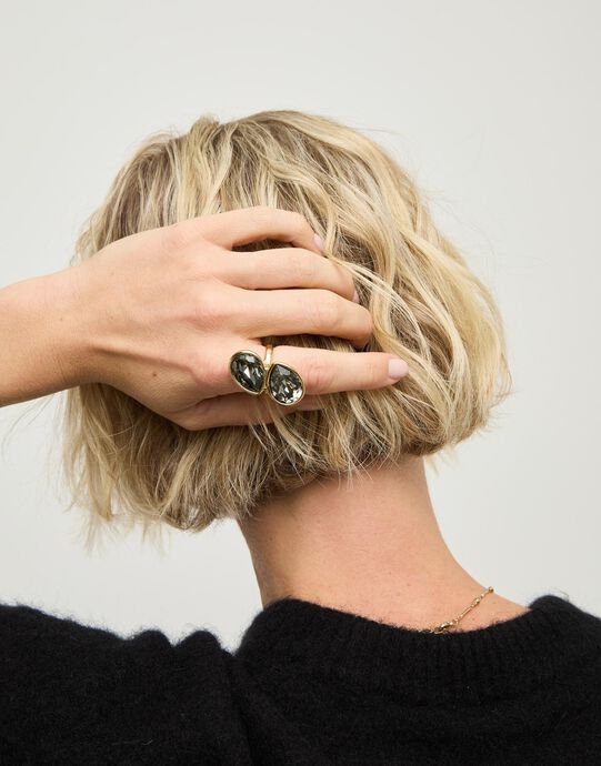 Ring with grey faceted crystals, Golden, large