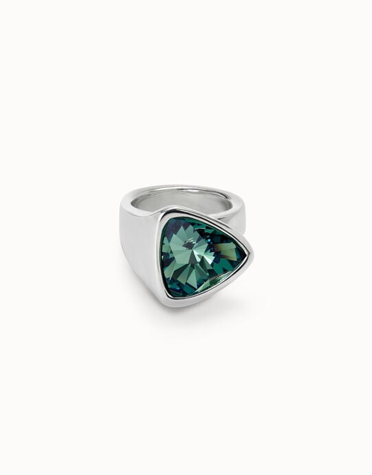 Bague plaqu&eacute; argent de forme triangulaire avec cristal vert