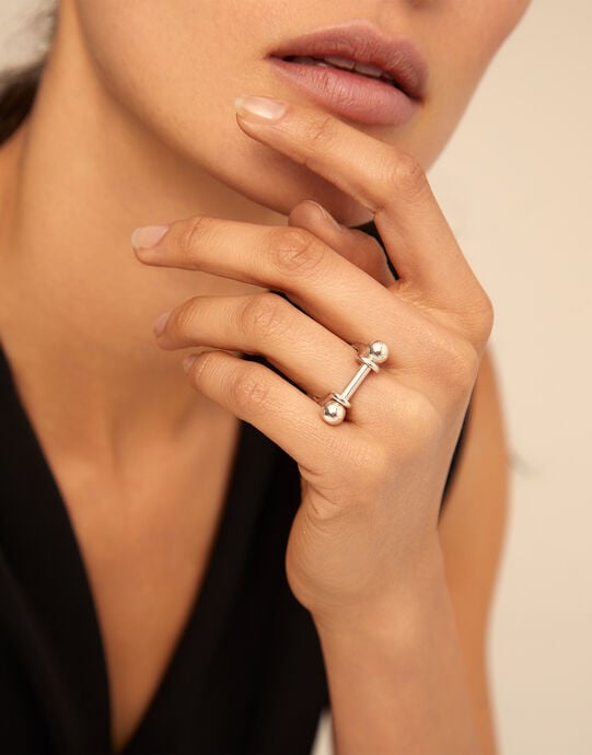 Bague large &agrave; relief en argent plaqu&eacute;, Argent, large