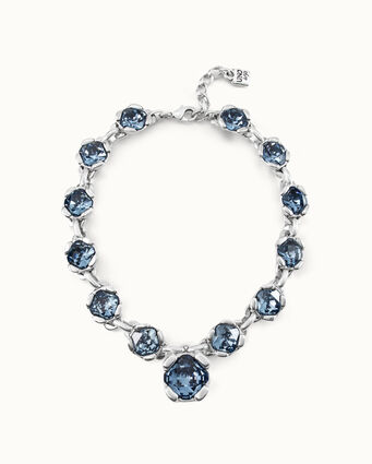 Sterling silver-plated necklace with 12 faceted blue crystals.