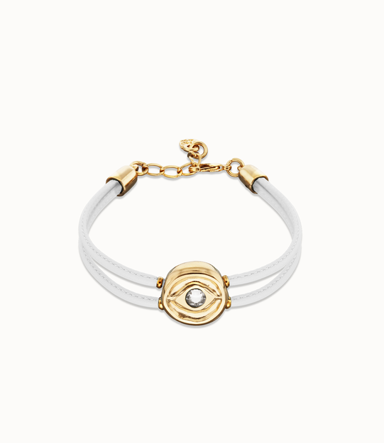 Pulsera doble de cuero blanco con ojo bañado en oro 18k