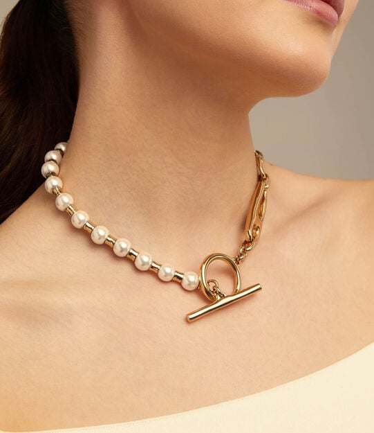 Short link chain necklace with pearls, Golden, large