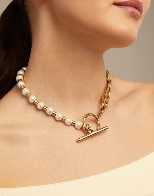 Short link chain necklace with pearls, Golden, large