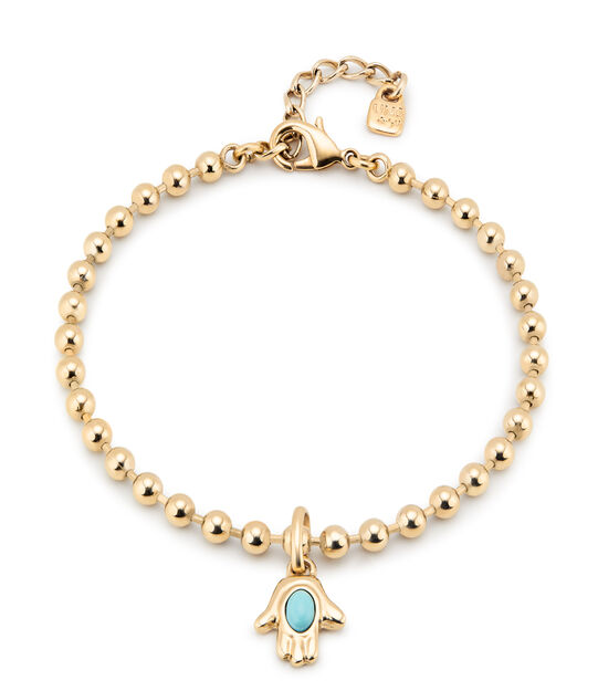 Elastic 18K gold plated metal alloy anklet with beads.